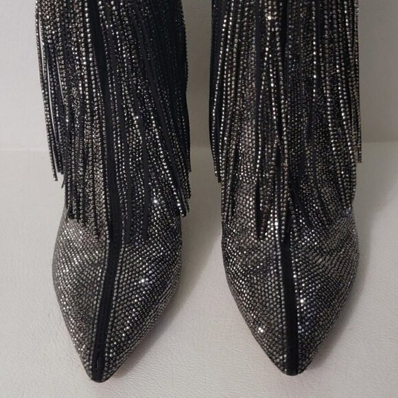 INC Pewter Rhinestone Fringed Ismeria Pointed Toe Stacked Heel Back Zip Booties - Picture 3 of 5